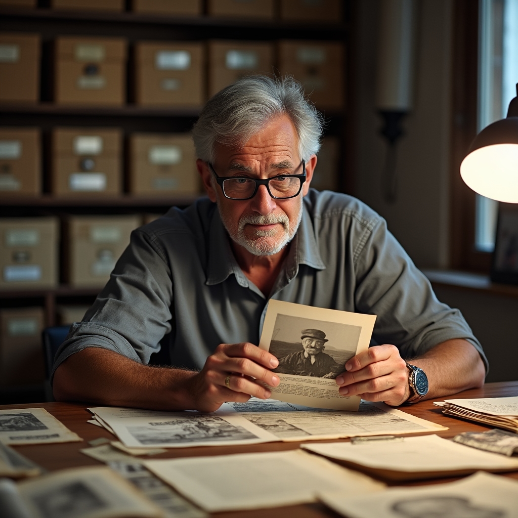 Consulente archivistico seduto a un tavolo con documenti storici e fotografie, uomo di circa quarantacinque anni con occhiali