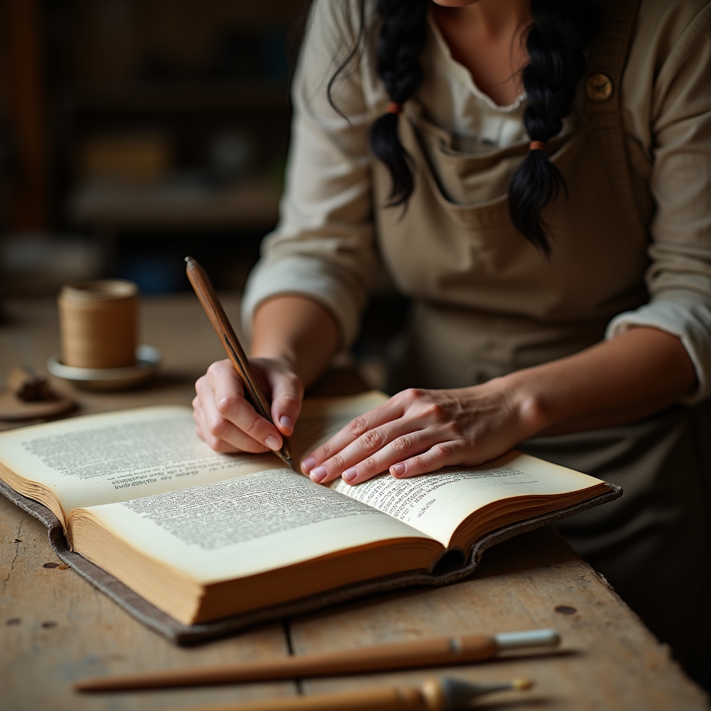 Artigiana rilegratrice al lavoro su un manoscritto, mani che cuciono le pagine con filo di lino su un banco da lavoro illuminato