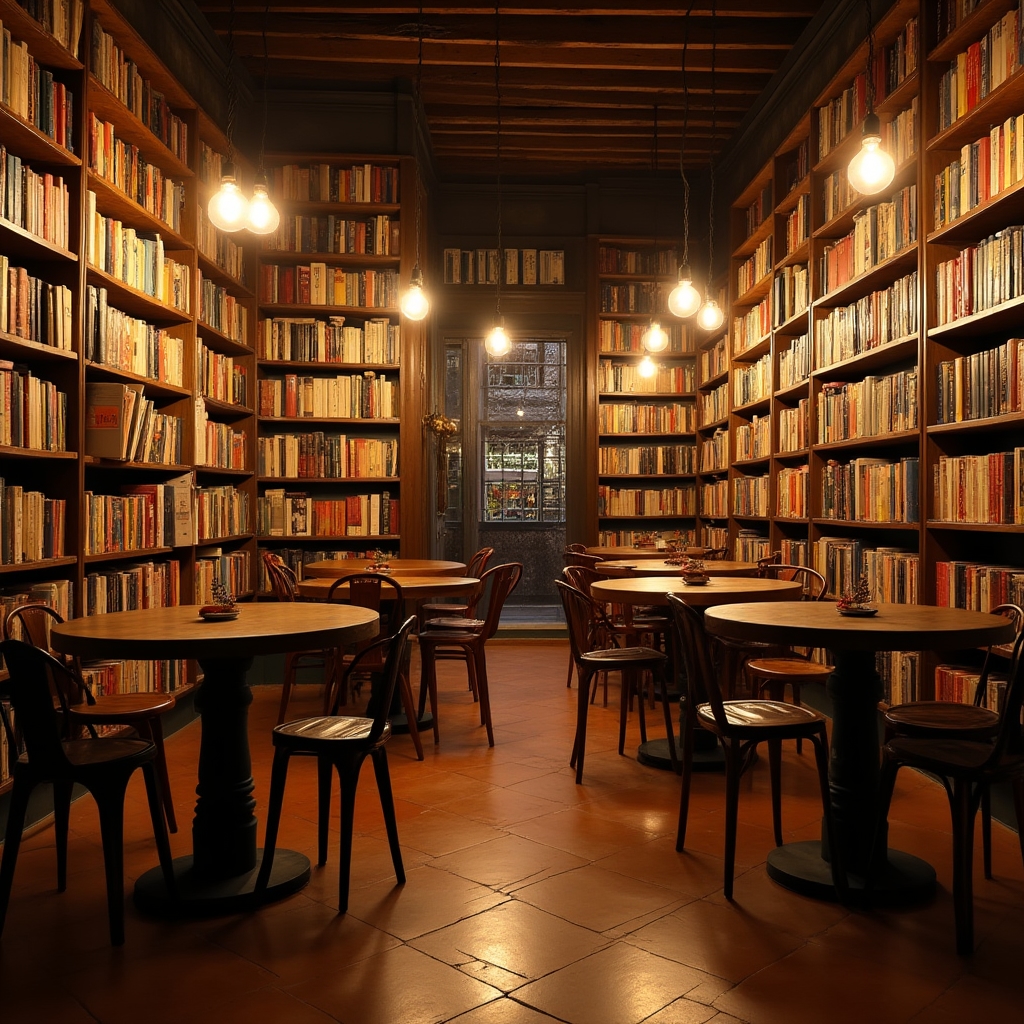 Interno della libreria indipendente di Bologna dove si svolge il laboratorio, scaffali pieni di libri e tavoli in legno