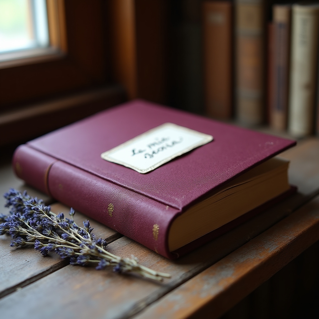 Manoscritto autobiografico rilegato artigianalmente con copertina in cartone, posato su un tavolo di legno in libreria
