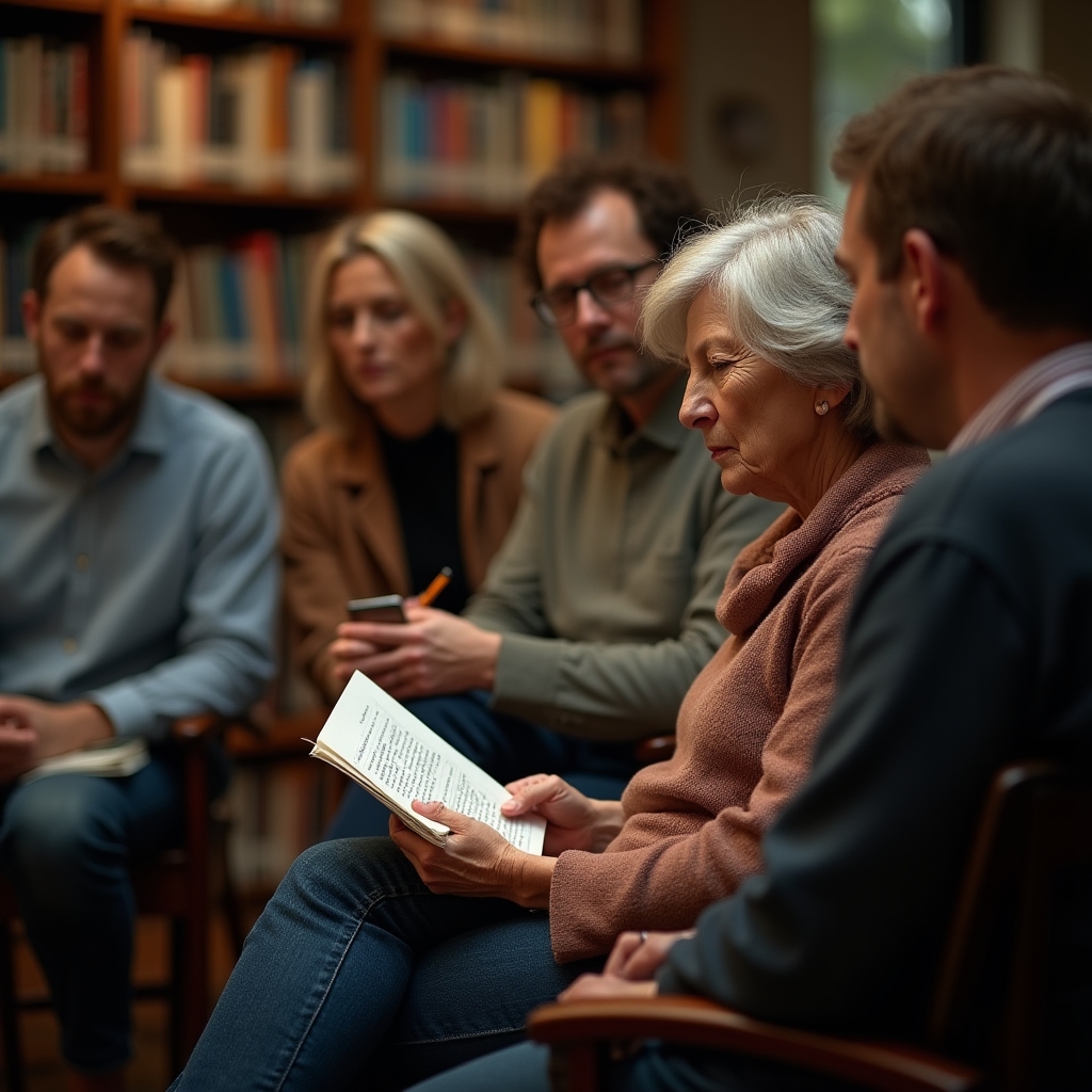 Piccolo gruppo di partecipanti che ascolta la lettura di un testo autobiografico in cerchio, espressioni attente e coinvolte