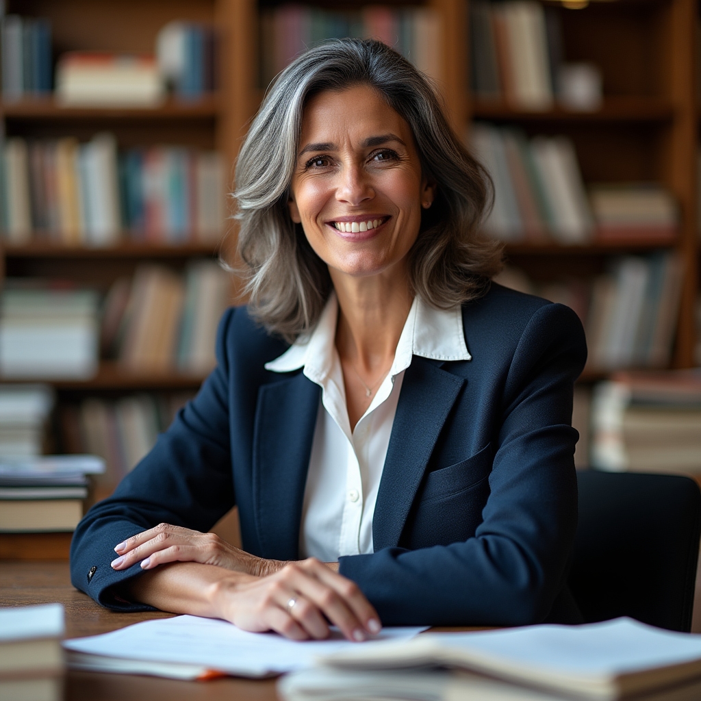 Ritratto della conduttrice del laboratorio, donna di circa cinquant'anni con espressione aperta e cordiale, in libreria