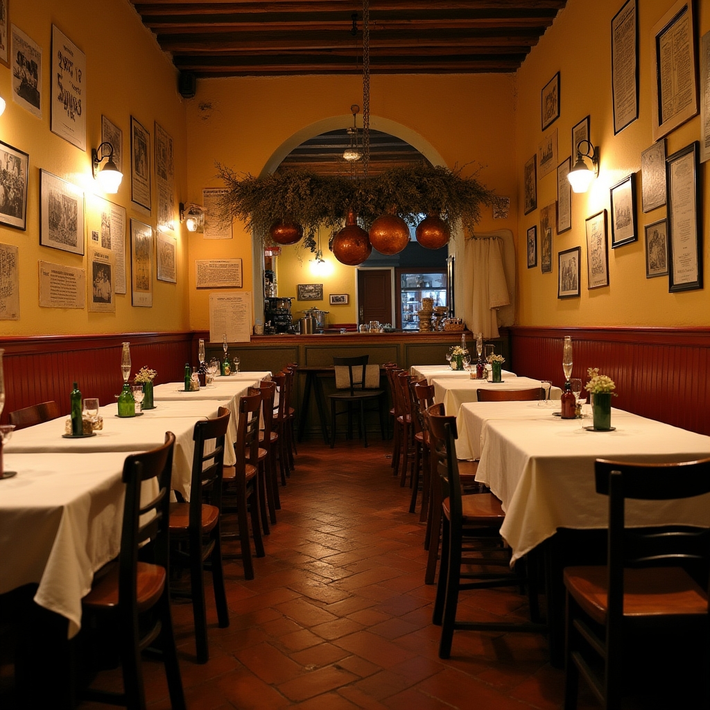 Interno di una trattoria storica bolognese con tavoli in legno, tovaglie bianche e fotografie d'epoca appese alle pareti
