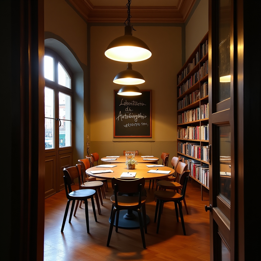 Angolo accogliente della libreria indipendente di Bologna con tavoli, sedie e scaffali illuminati da lampade calde